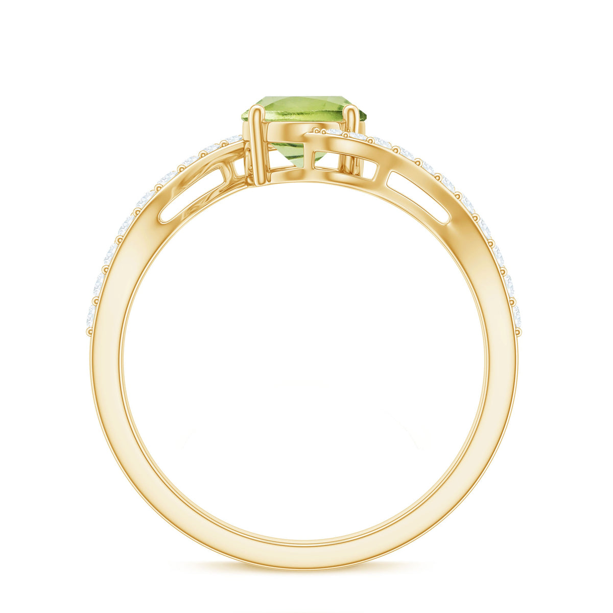 Anillo de compromiso de peridoto ovalado natural de 1 quilate con vástago de diamante tipo bypass