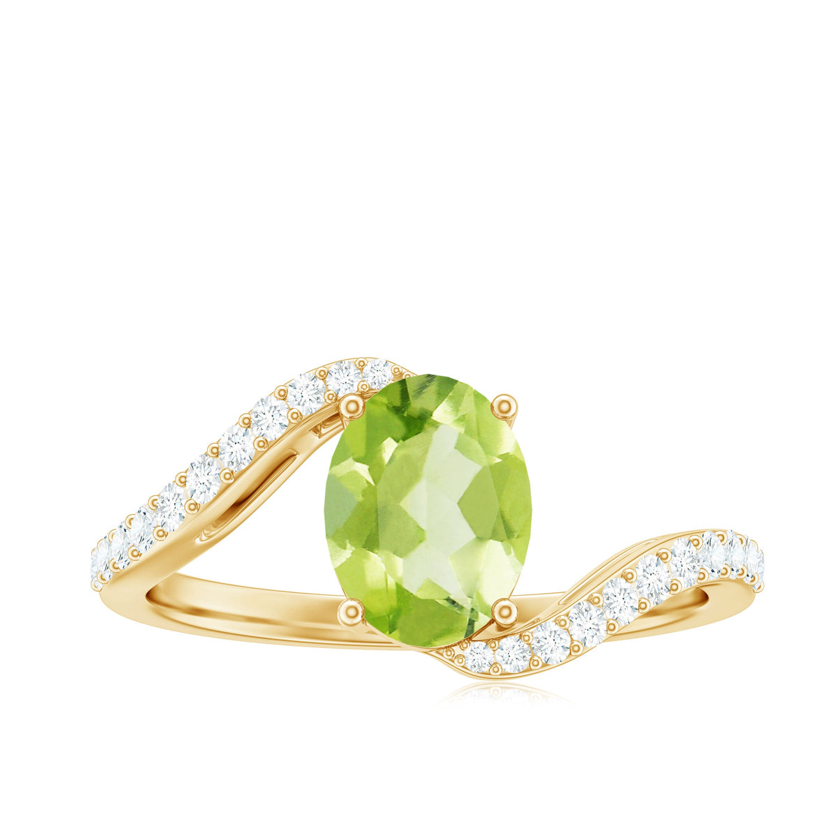 Anillo de compromiso de peridoto ovalado natural de 1 quilate con vástago de diamante tipo bypass