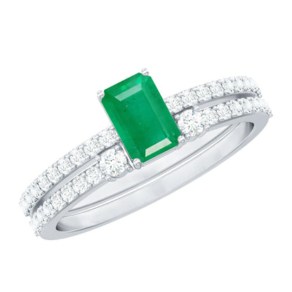 Anillo de compromiso y argolla de boda de esmeralda y diamantes genuinos con corte esmeralda