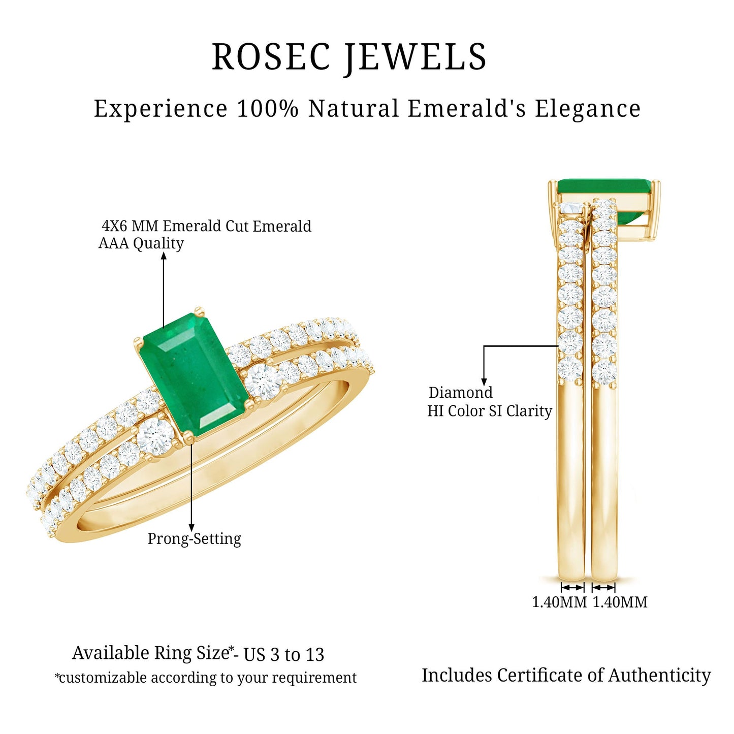 Anillo de compromiso y argolla de boda de esmeralda y diamantes genuinos con corte esmeralda