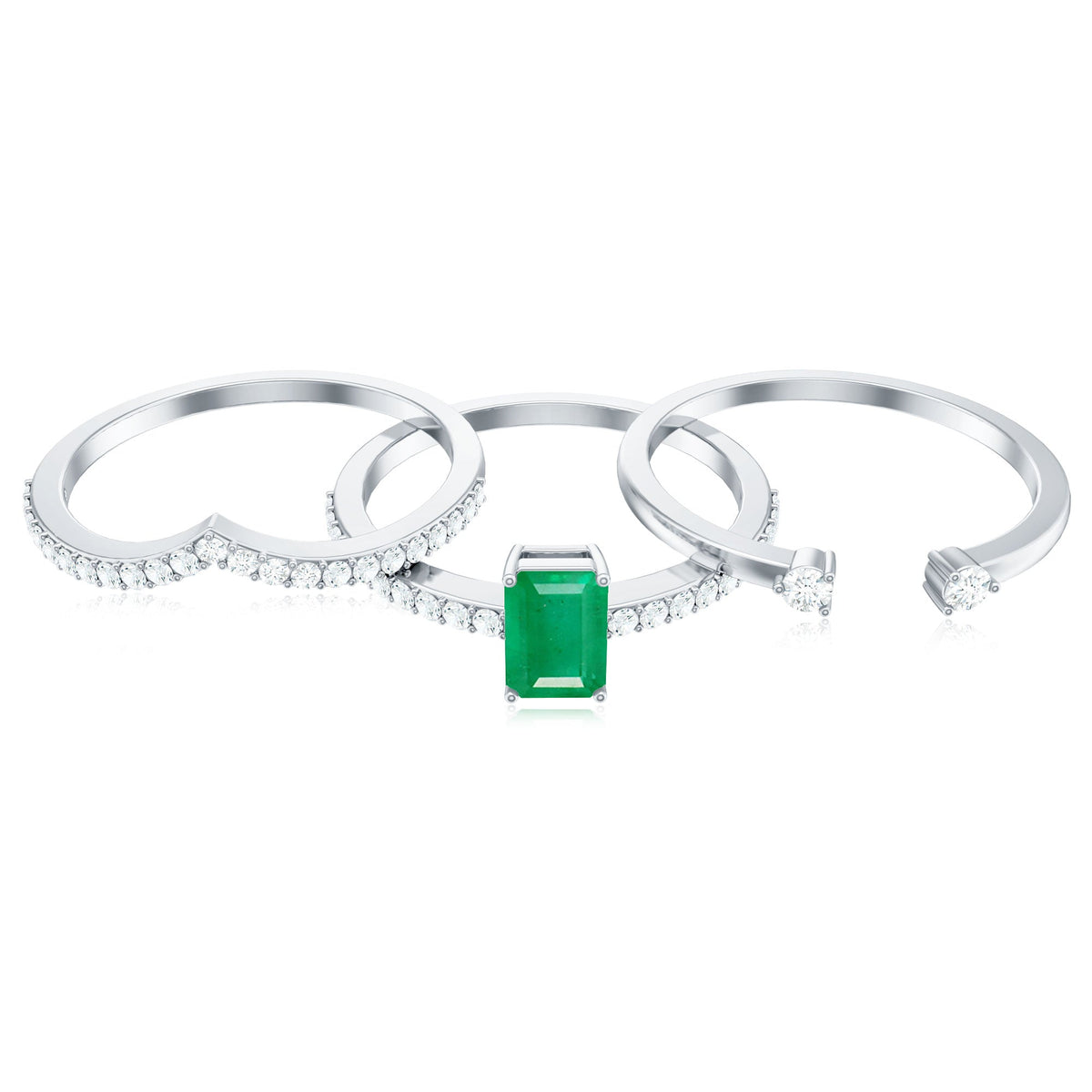 Anillo de boda de 3 piezas con diamantes de talla esmeralda natural de 0,6 quilates