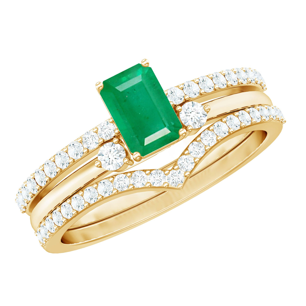 Anillo de boda de 3 piezas con diamantes de talla esmeralda natural de 0,6 quilates