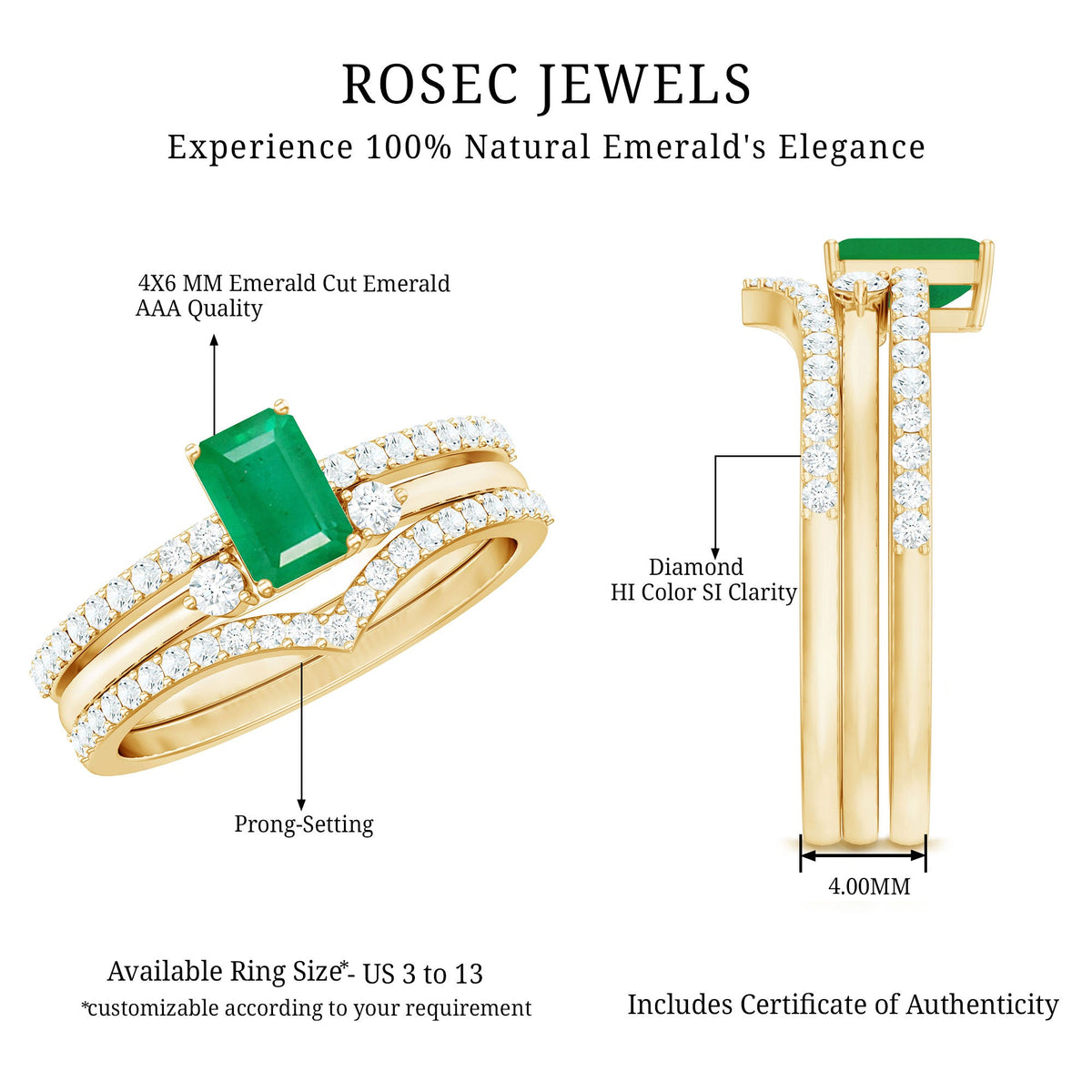 Anillo de boda de 3 piezas con diamantes de talla esmeralda natural de 0,6 quilates