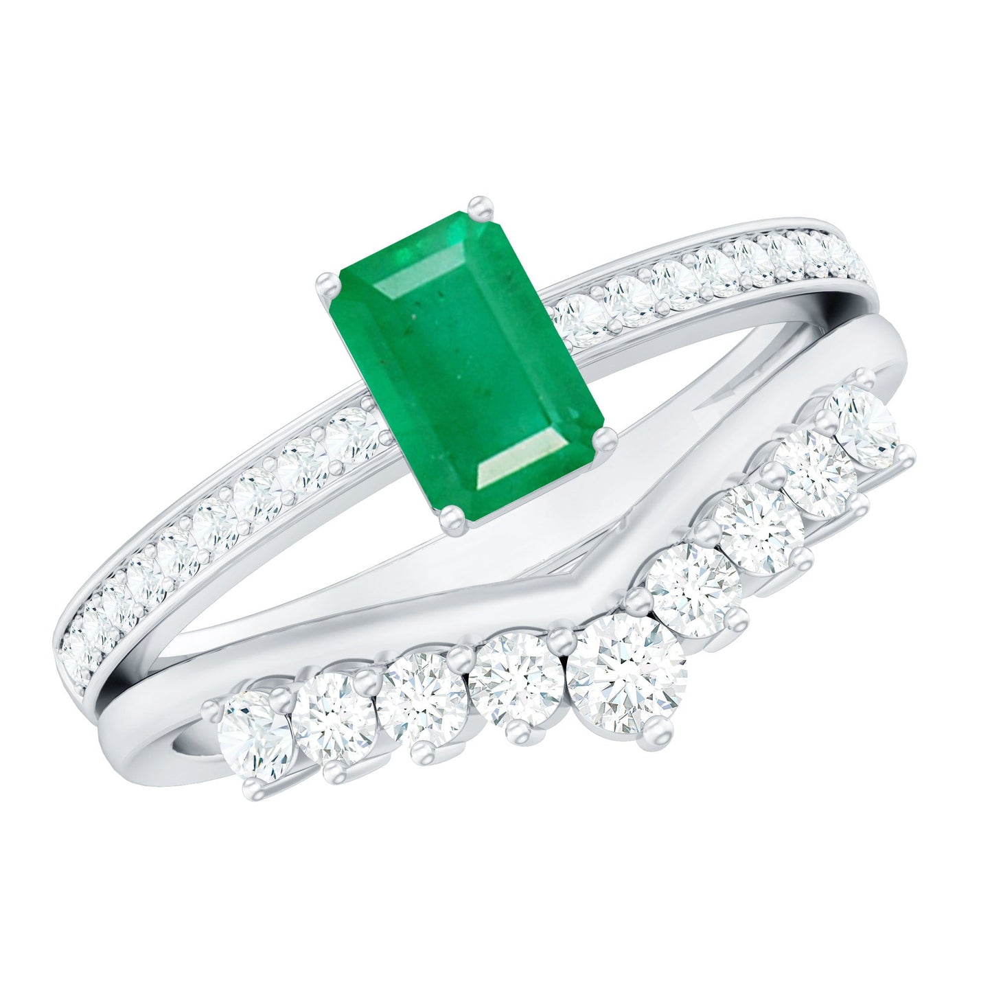 Anillo de compromiso de esmeralda natural y diamantes con corte esmeralda y alianza de boda curva