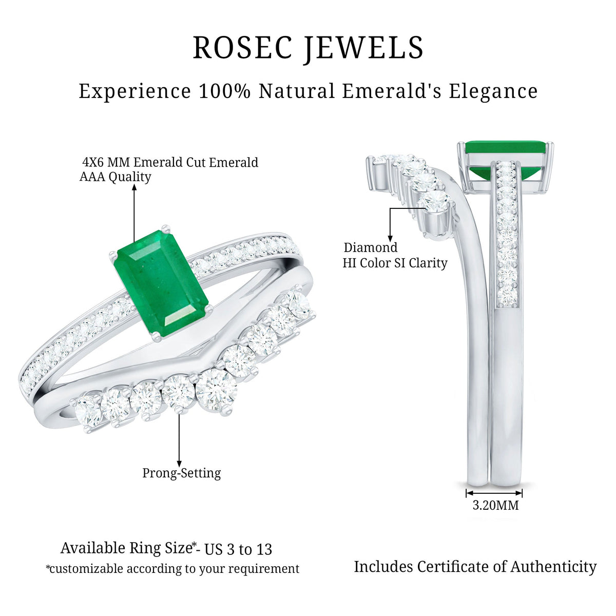 Anillo de compromiso de esmeralda natural y diamantes con corte esmeralda y alianza de boda curva