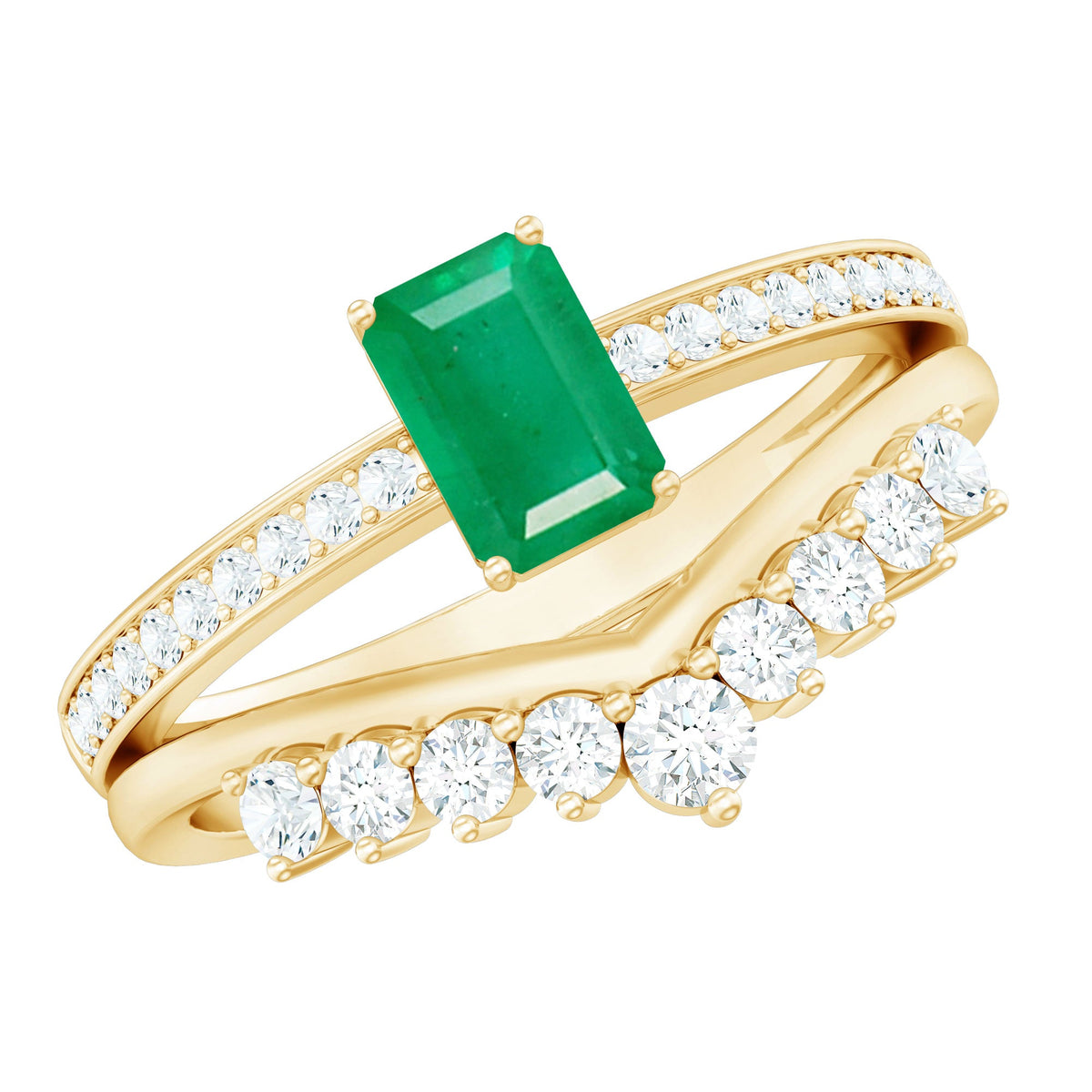 Anillo de compromiso de esmeralda natural y diamantes con corte esmeralda y alianza de boda curva