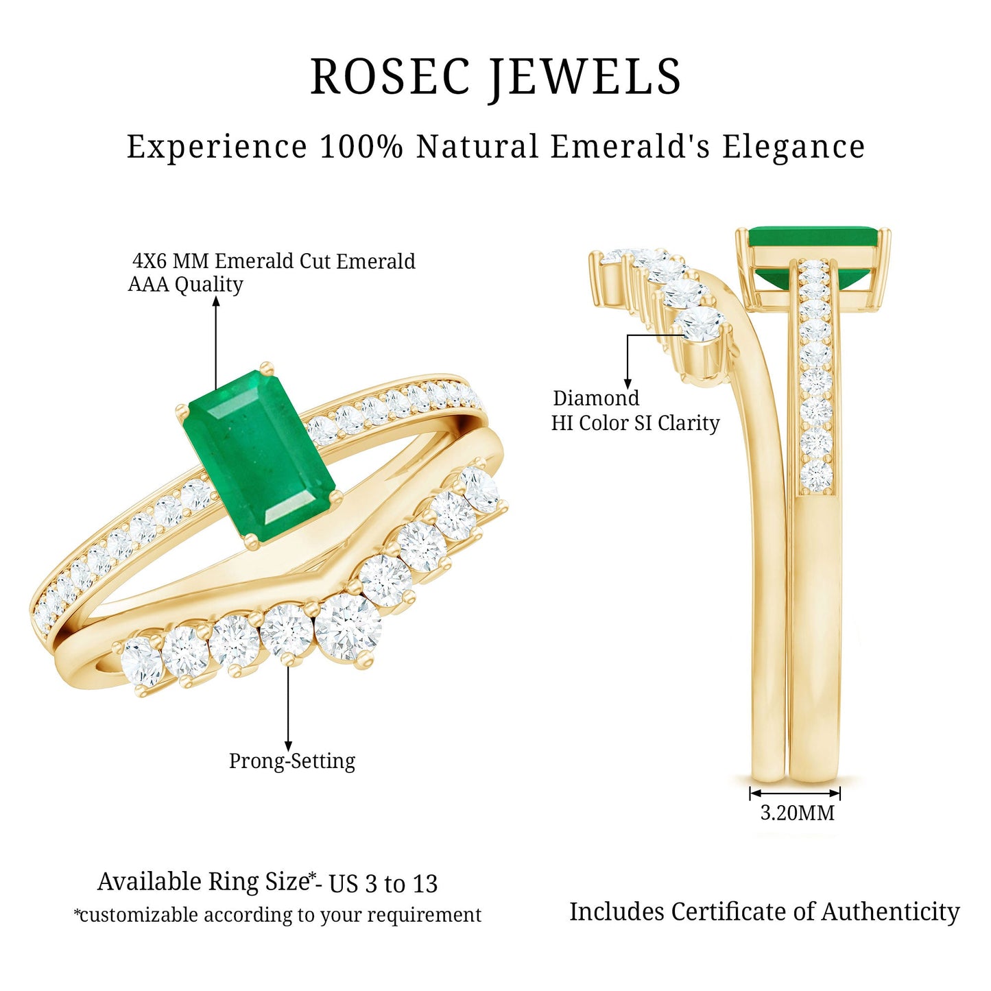 Anillo de compromiso de esmeralda natural y diamantes con corte esmeralda y alianza de boda curva