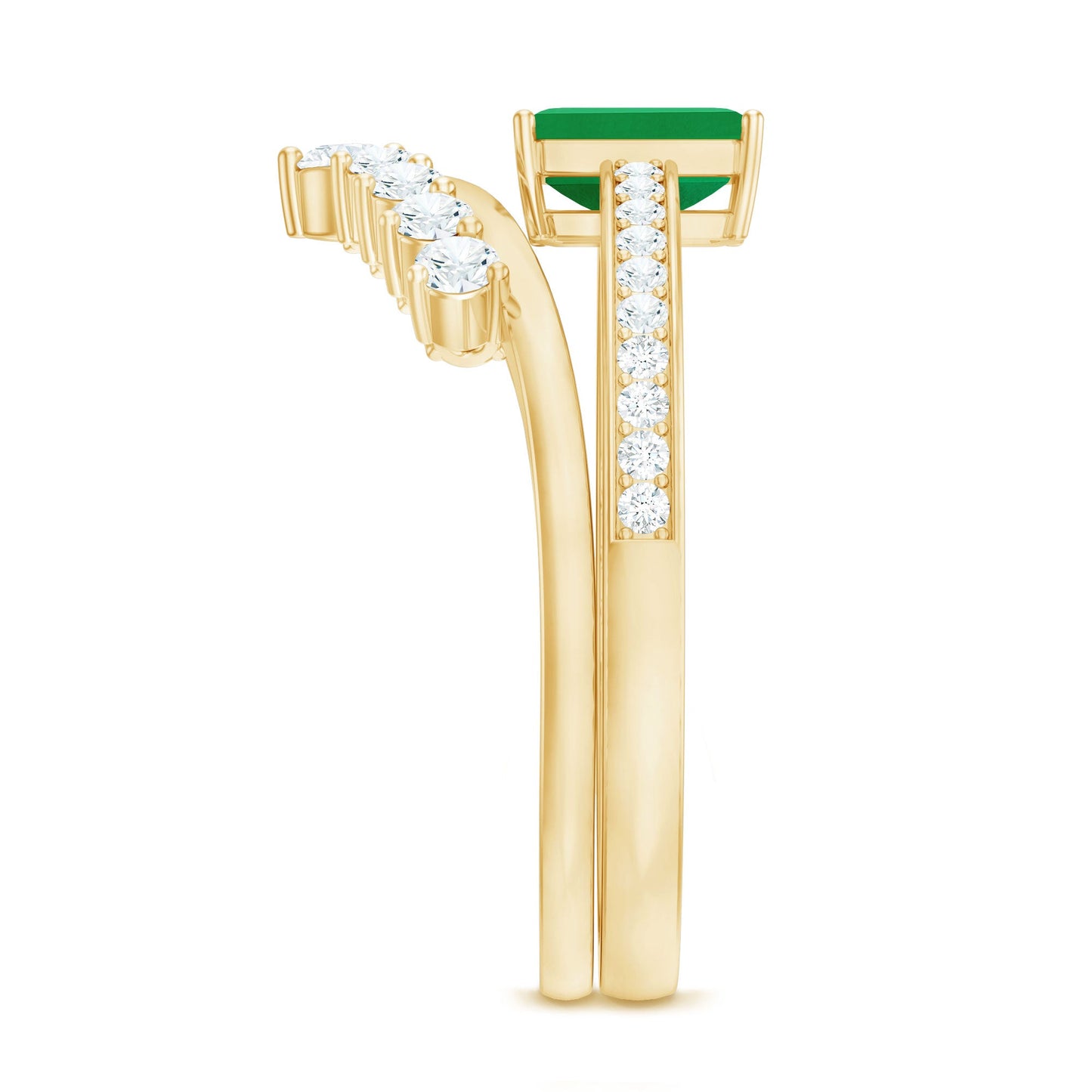 Anillo de compromiso de esmeralda natural y diamantes con corte esmeralda y alianza de boda curva