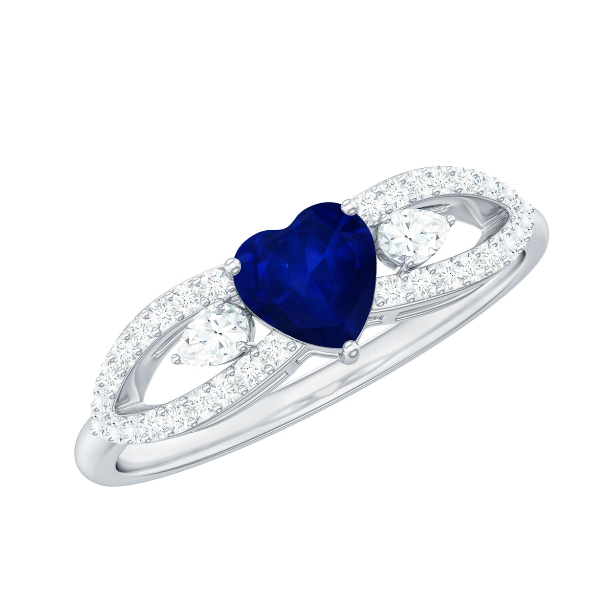 Anillo de promesa con corazón de zafiro azul de 0,6 quilates y diamante con vástago dividido