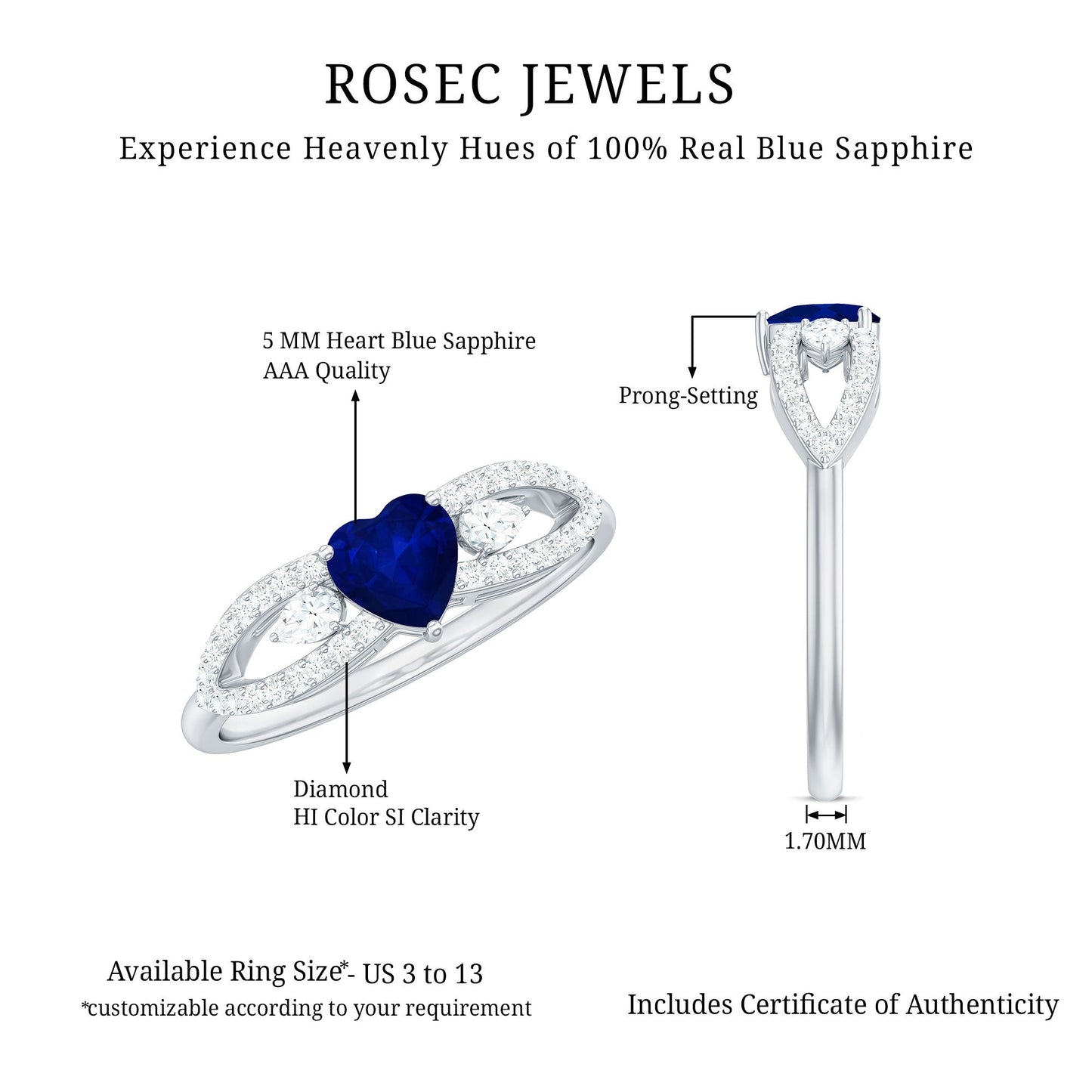 Anillo de promesa con corazón de zafiro azul de 0,6 quilates y diamante con vástago dividido