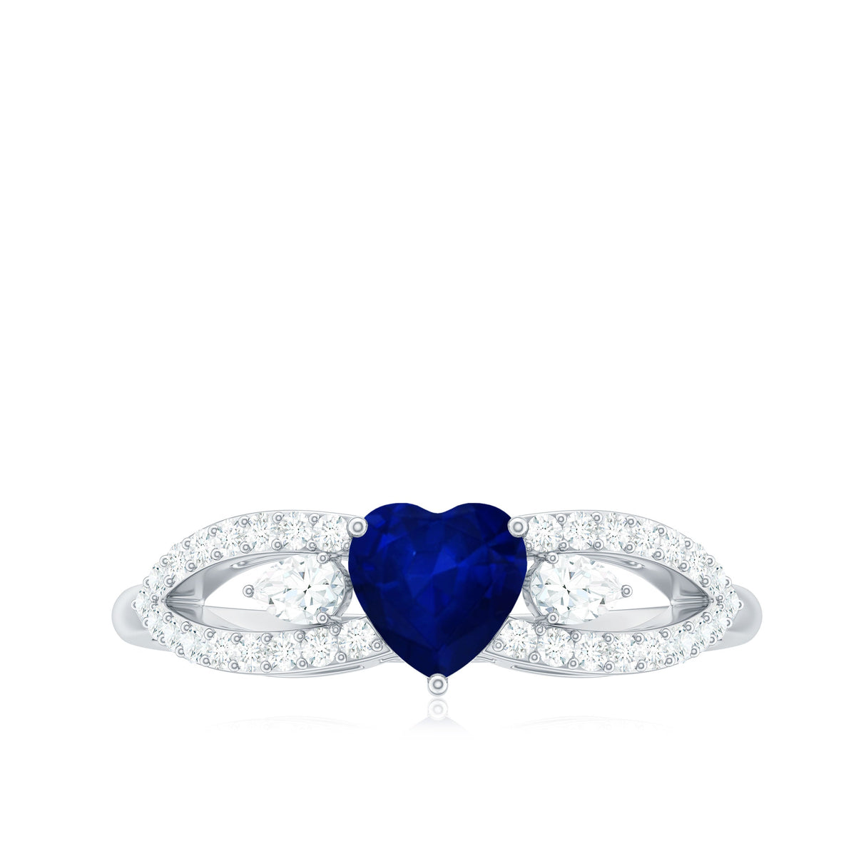 Anillo de promesa con corazón de zafiro azul de 0,6 quilates y diamante con vástago dividido