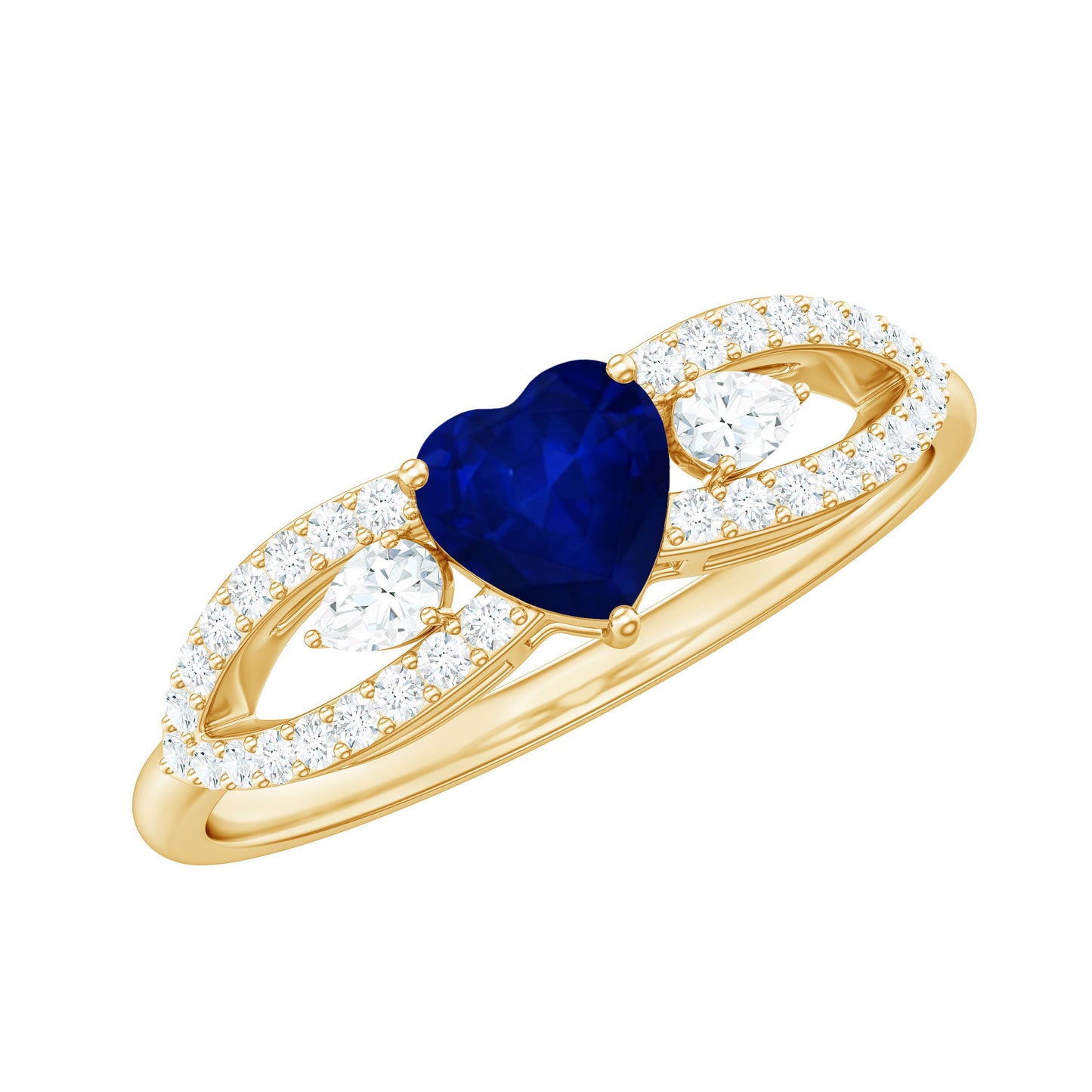 Anillo de promesa con corazón de zafiro azul de 0,6 quilates y diamante con vástago dividido