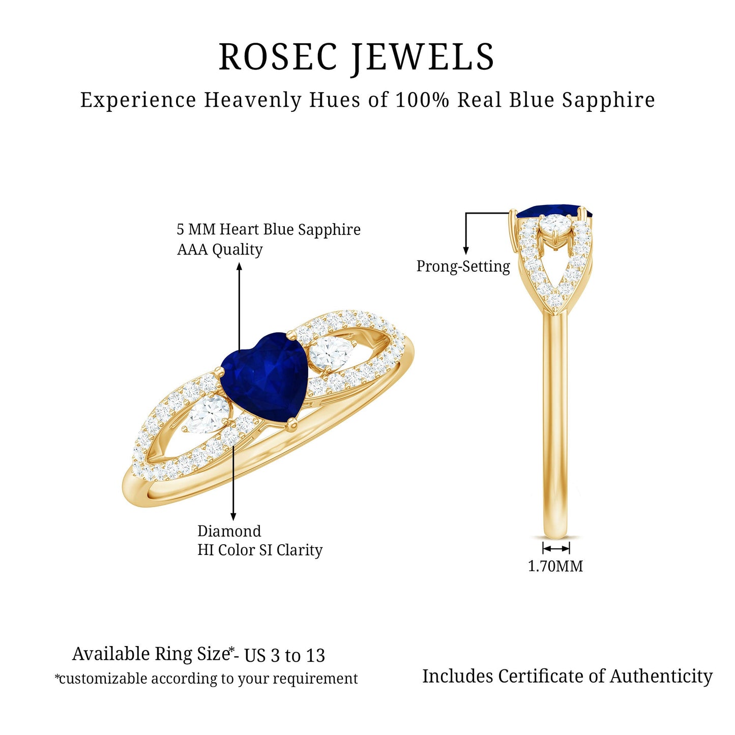 Anillo de promesa con corazón de zafiro azul de 0,6 quilates y diamante con vástago dividido