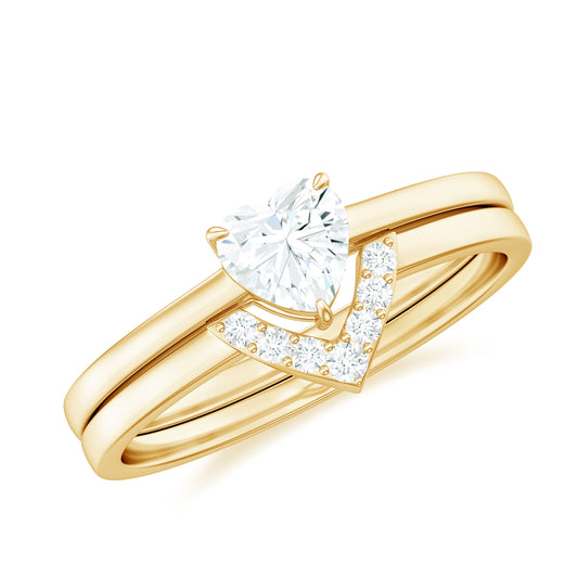 Juego de anillos de boda solitario de moissanita con forma de corazón para mujer
