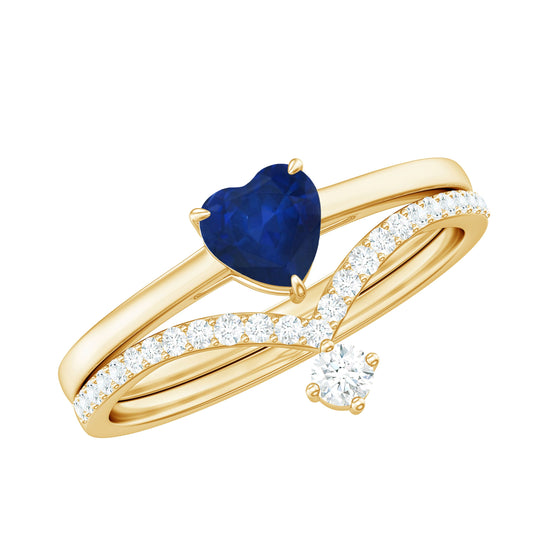 Anillo de Boda Solitario con Zafiro Azul en Forma de Corazón y Diamantes