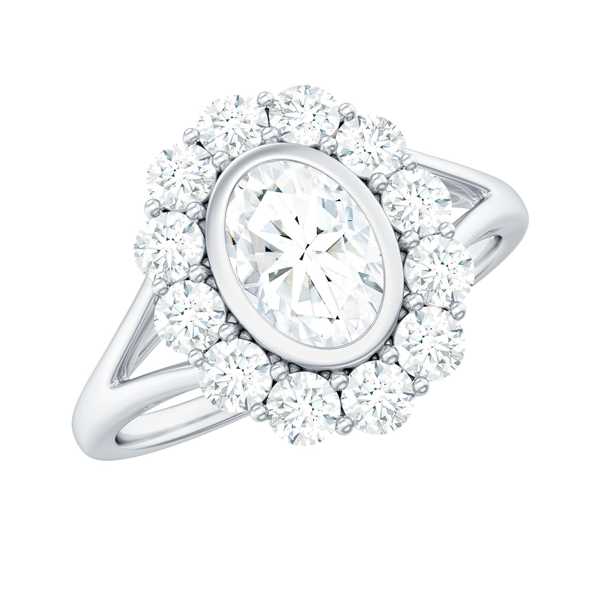 Oval Cut Moissanite Halo Engagement Ring with Split Shank