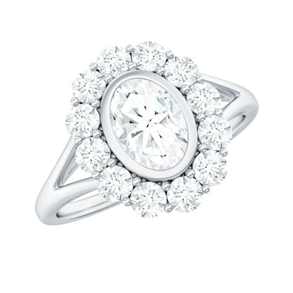 Oval Cut Moissanite Halo Engagement Ring with Split Shank