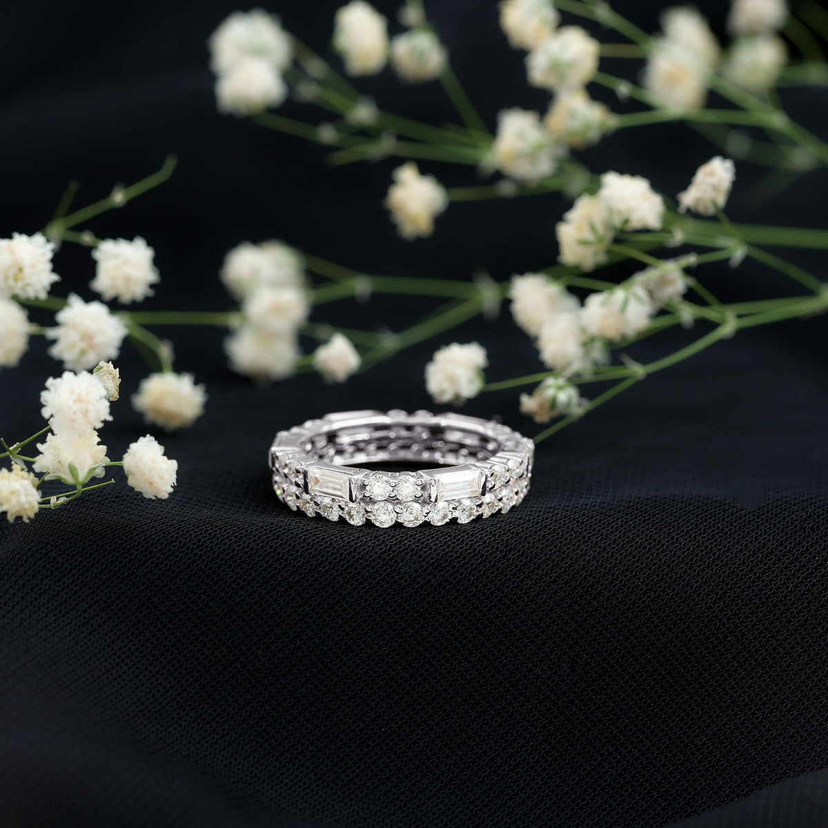 Certified Moissanite Two Row Wedding Band Ring