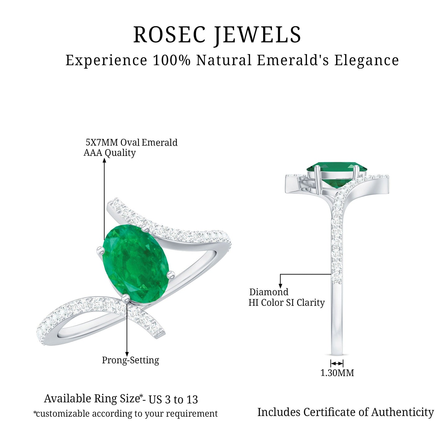 Anillo de compromiso de esmeralda ovalada con diamantes en espiral