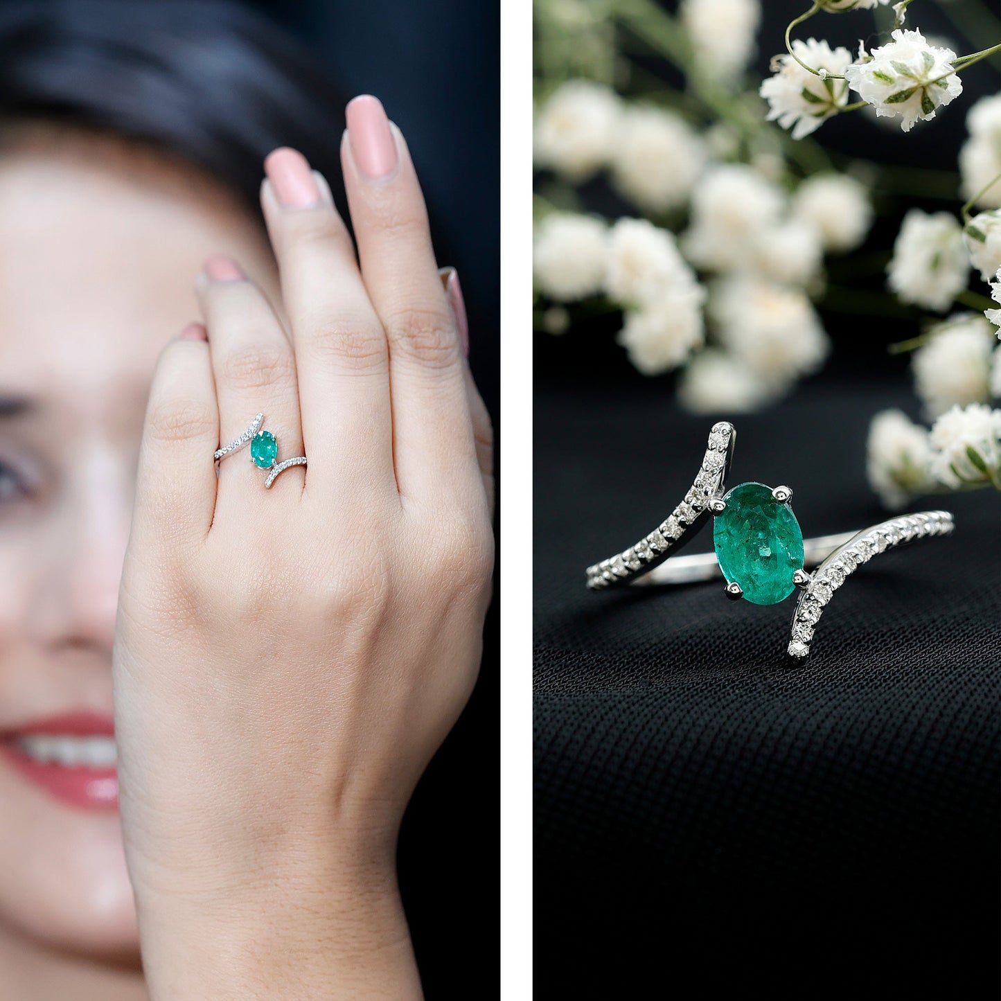 Anillo de compromiso de esmeralda ovalada con diamantes en espiral