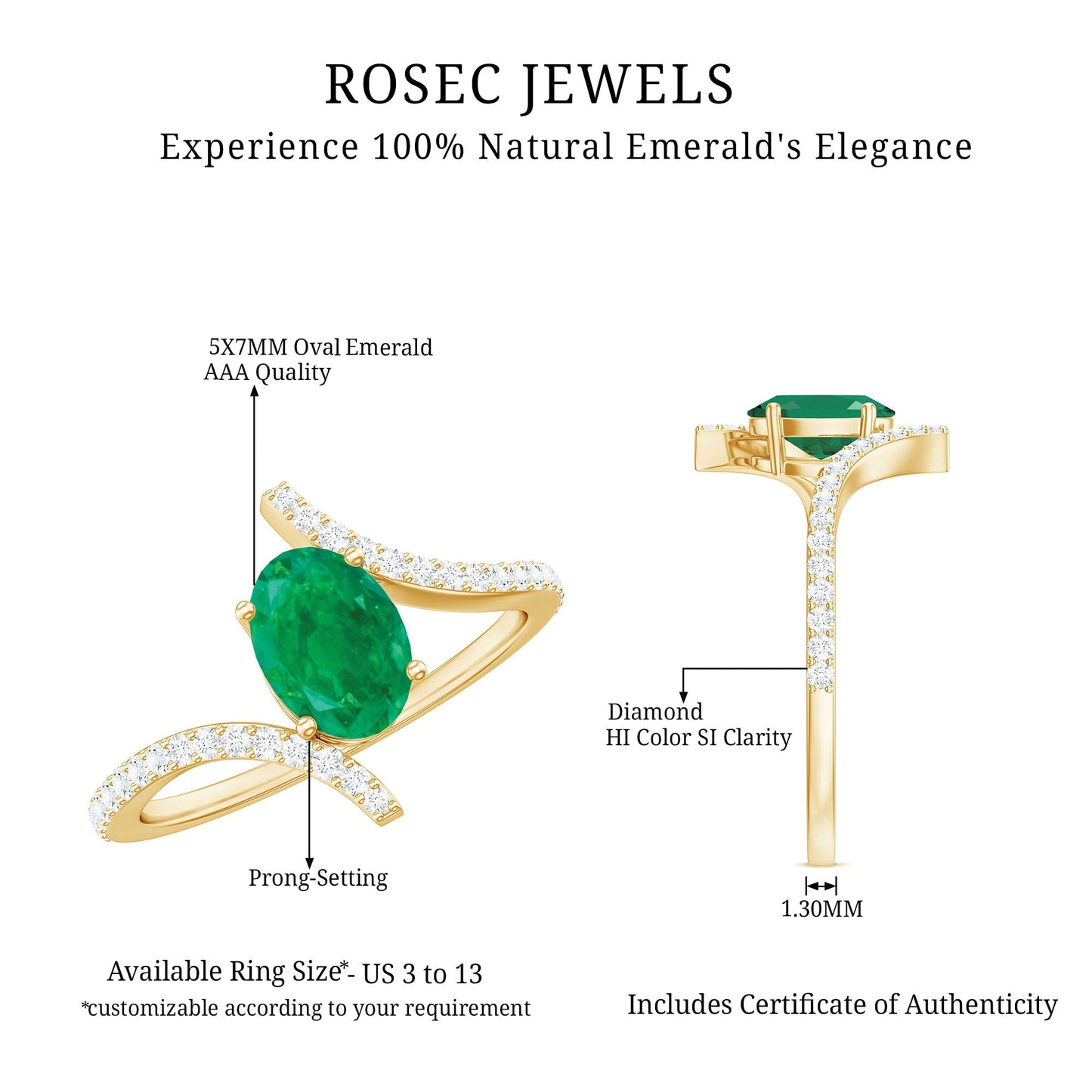 Anillo de compromiso de esmeralda ovalada con diamantes en espiral