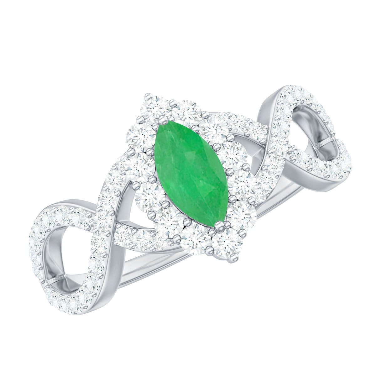 Anillo de compromiso de oro con halo de diamantes y esmeralda marquesa natural con vástago cruzado