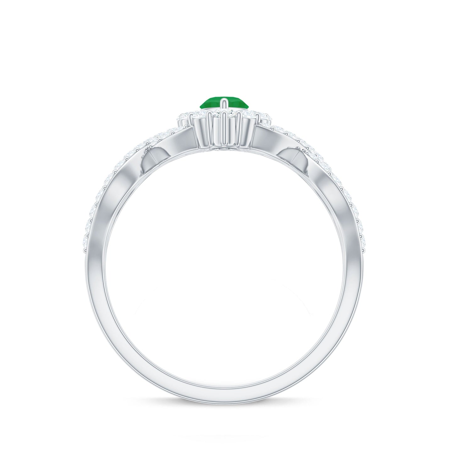 Anillo de compromiso de oro con halo de diamantes y esmeralda marquesa natural con vástago cruzado