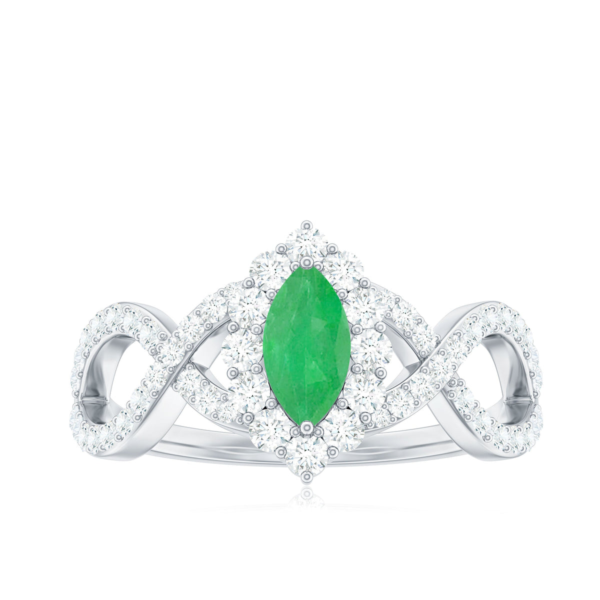Anillo de compromiso de oro con halo de diamantes y esmeralda marquesa natural con vástago cruzado