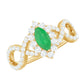Anillo de compromiso de oro con halo de diamantes y esmeralda marquesa natural con vástago cruzado