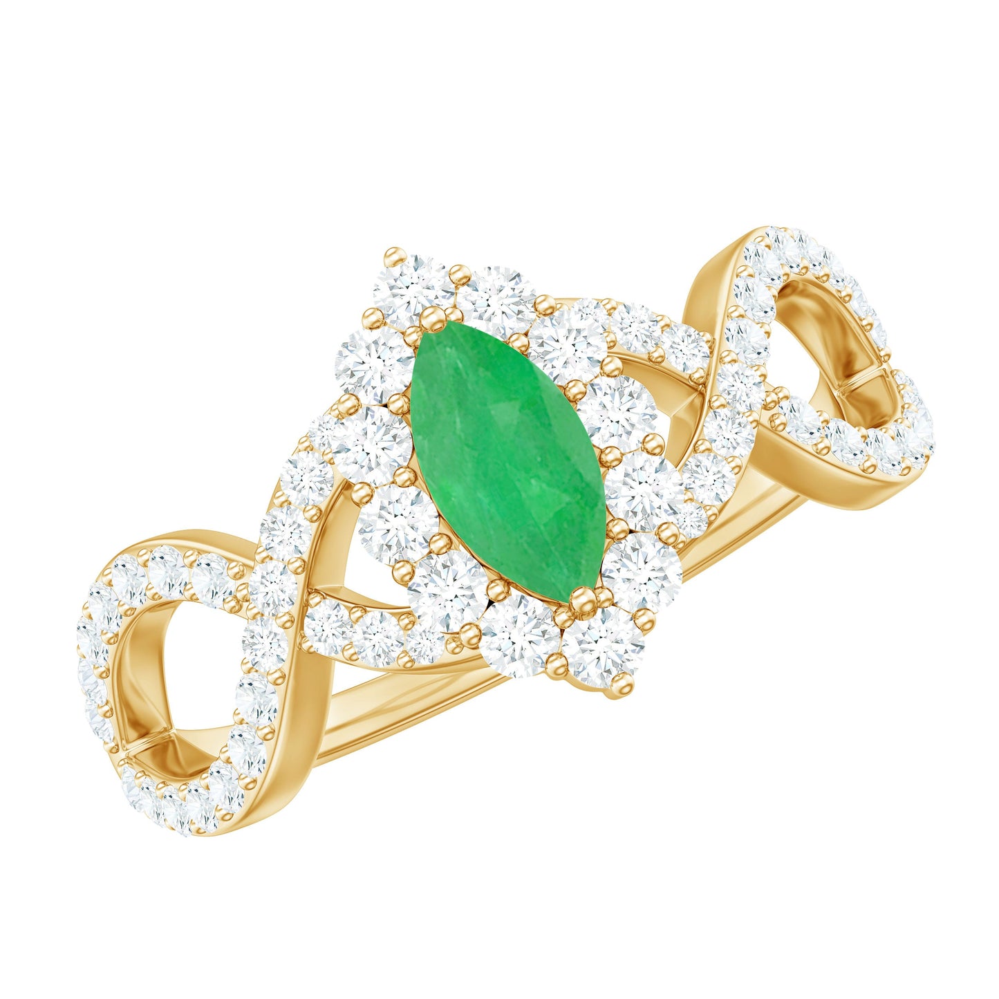 Anillo de compromiso de oro con halo de diamantes y esmeralda marquesa natural con vástago cruzado