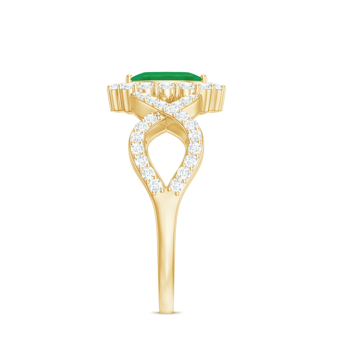 Anillo de compromiso de oro con halo de diamantes y esmeralda marquesa natural con vástago cruzado