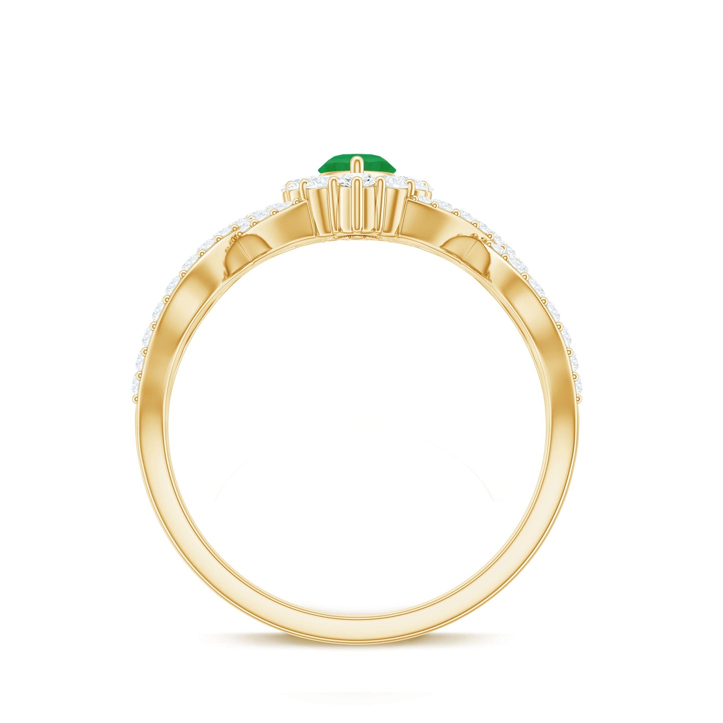 Anillo de compromiso de oro con halo de diamantes y esmeralda marquesa natural con vástago cruzado