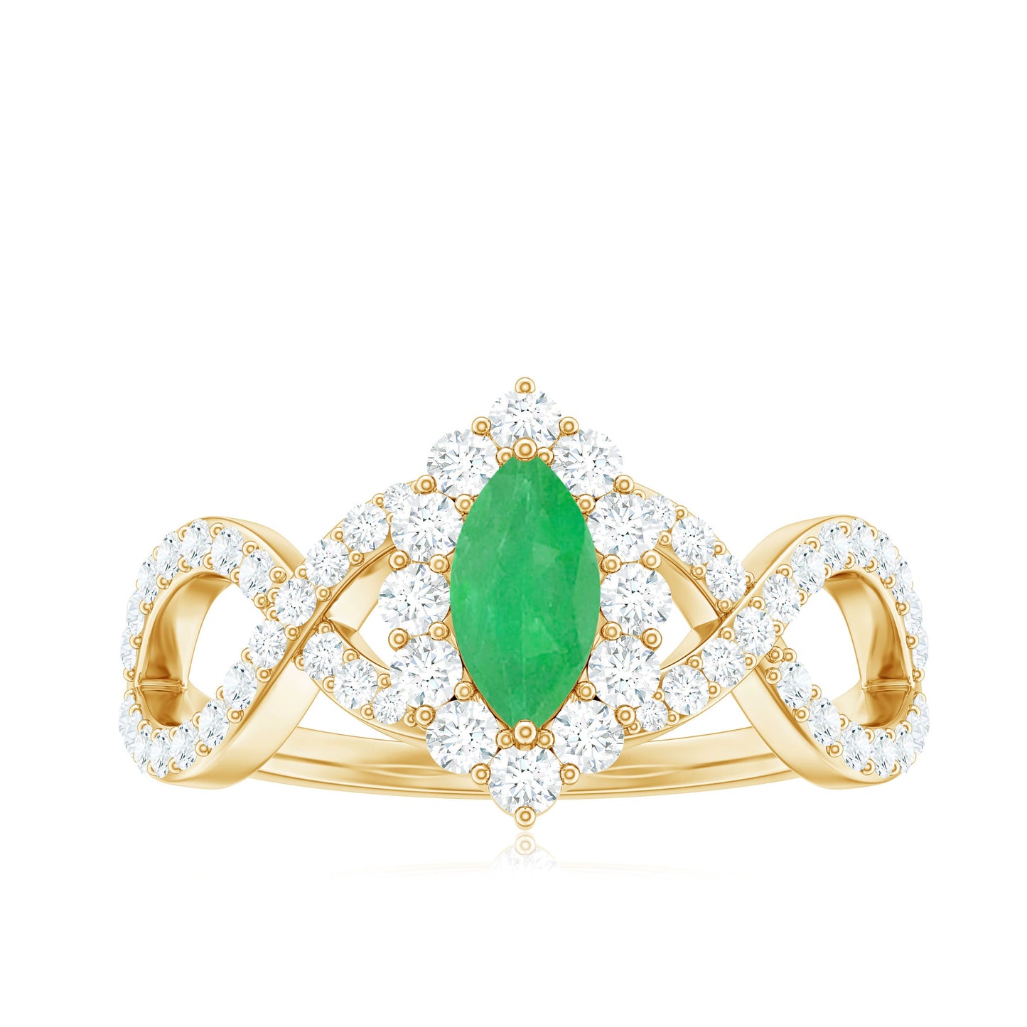 Anillo de compromiso de oro con halo de diamantes y esmeralda marquesa natural con vástago cruzado