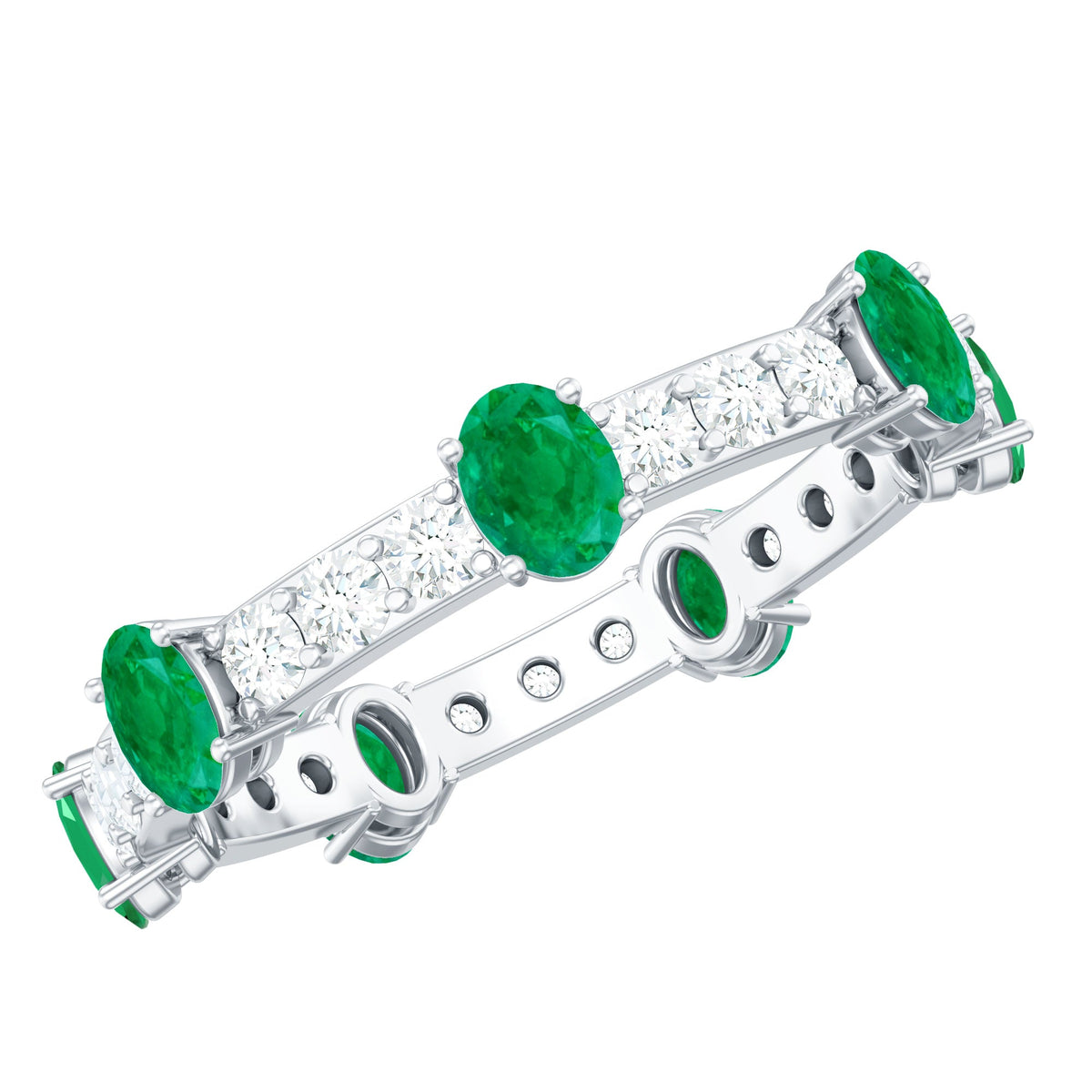 Anillo de boda o aniversario de eternidad con diamantes y esmeraldas ovaladas naturales