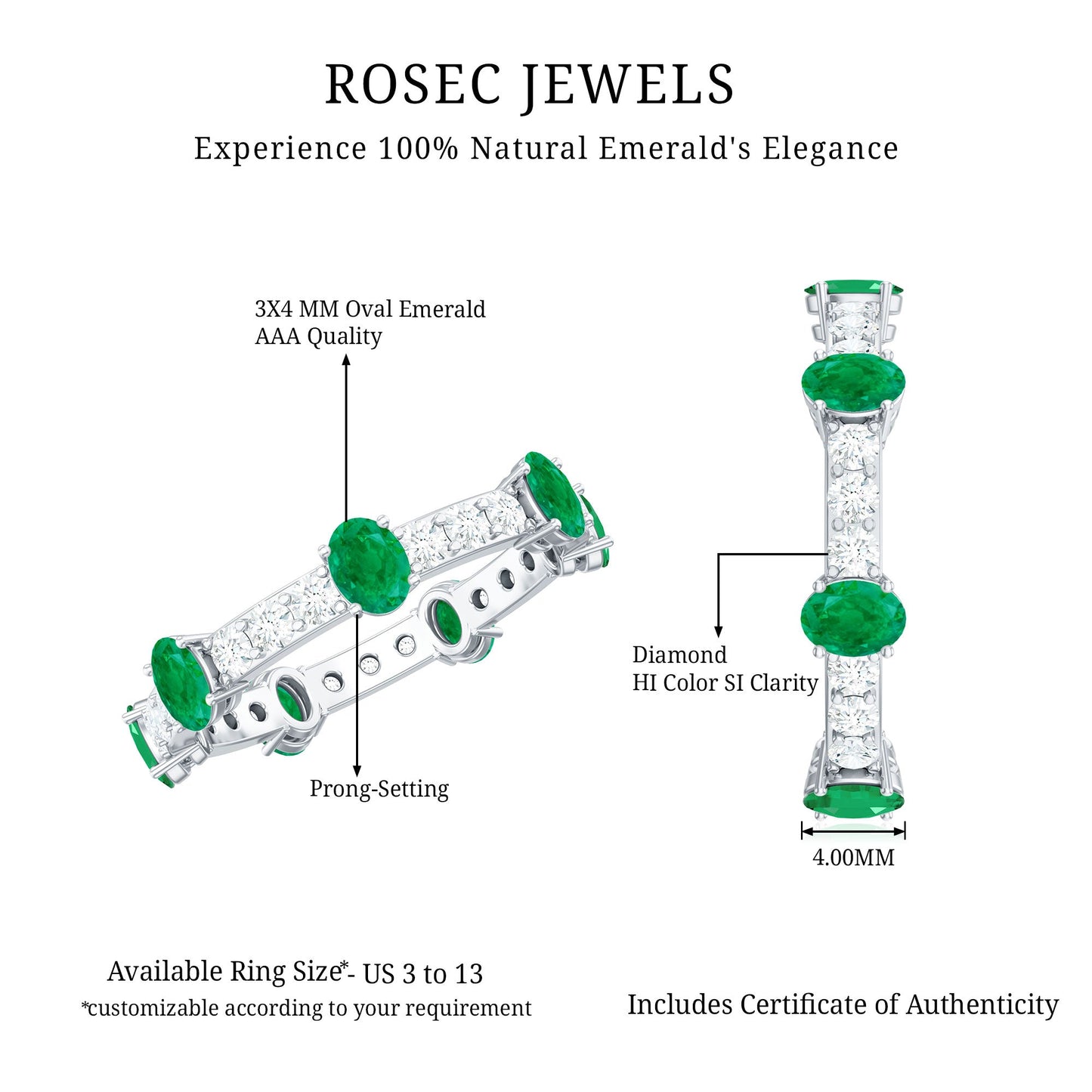 Anillo de boda o aniversario de eternidad con diamantes y esmeraldas ovaladas naturales