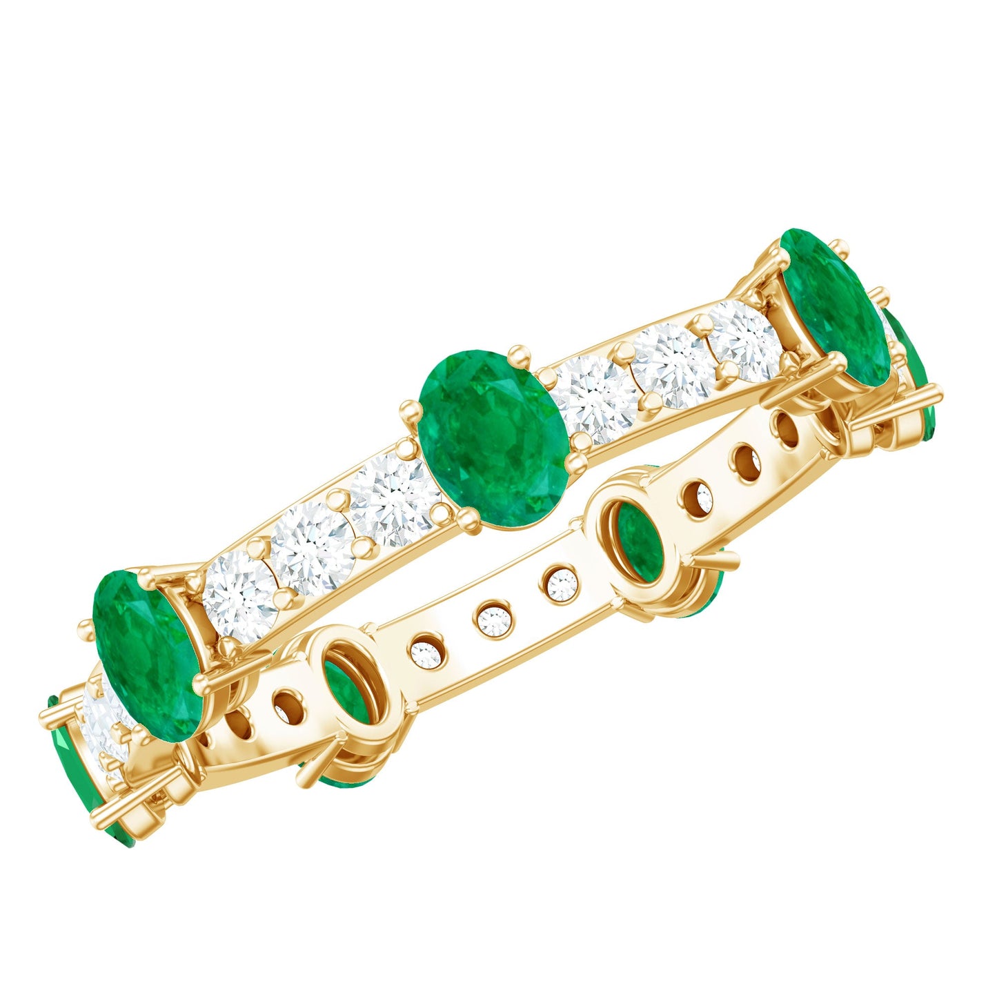 Anillo de boda o aniversario de eternidad con diamantes y esmeraldas ovaladas naturales