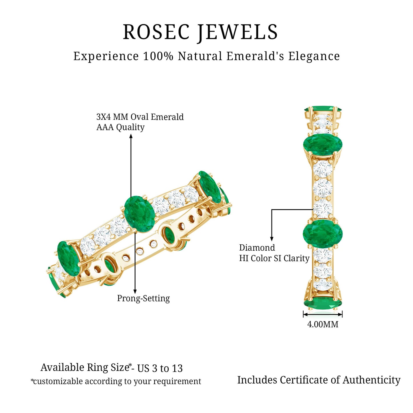 Anillo de boda o aniversario de eternidad con diamantes y esmeraldas ovaladas naturales