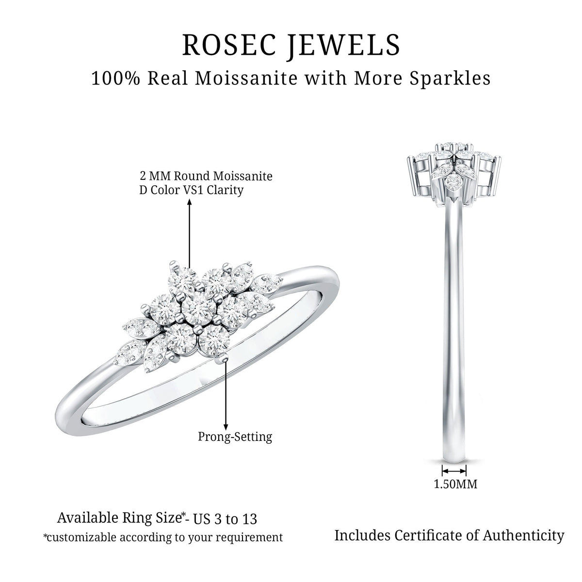 Anillo de racimo de flores de moissanita certificada para mujer