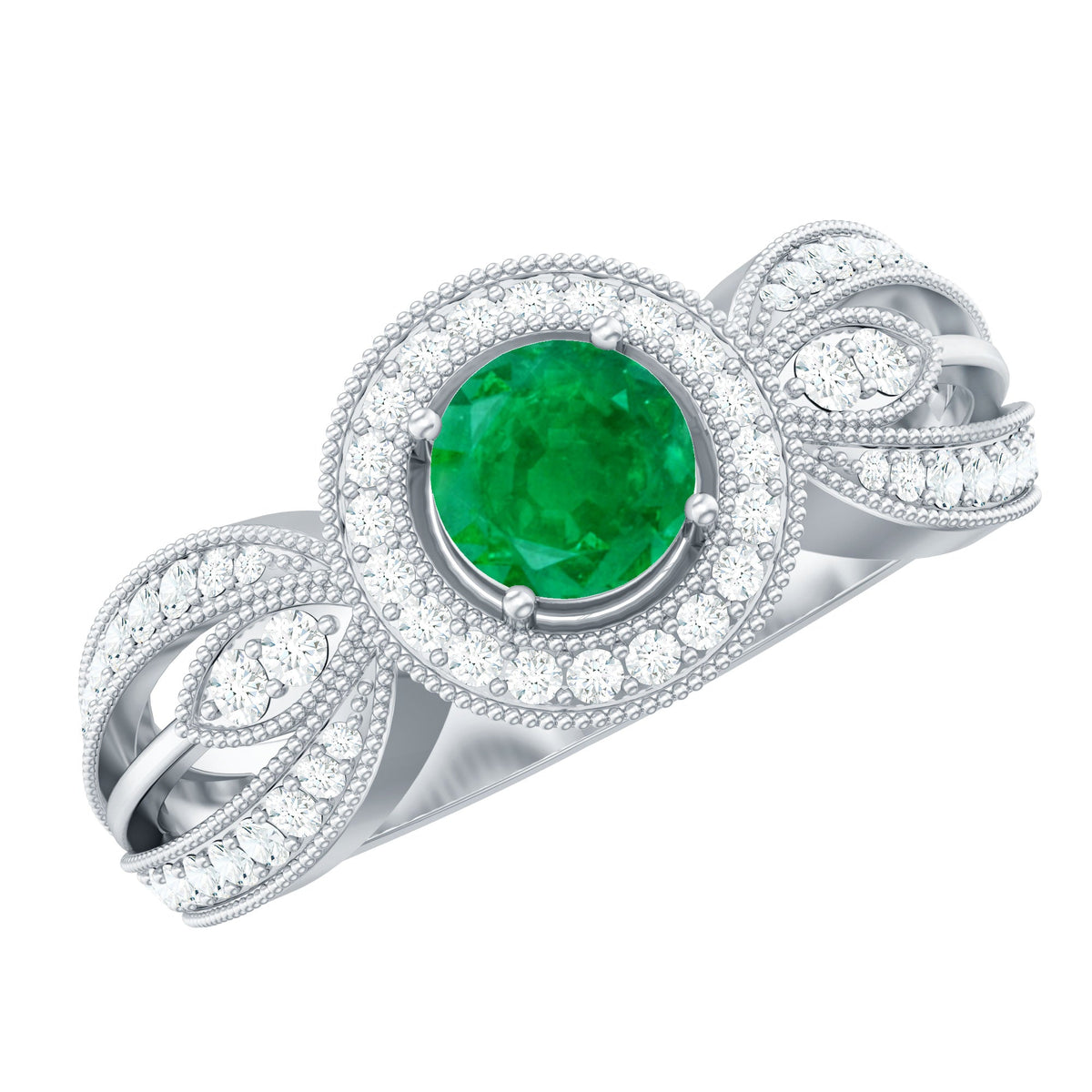 Anillo de compromiso con diamantes de esmeralda auténtica, aspecto vintage y vástago dividido