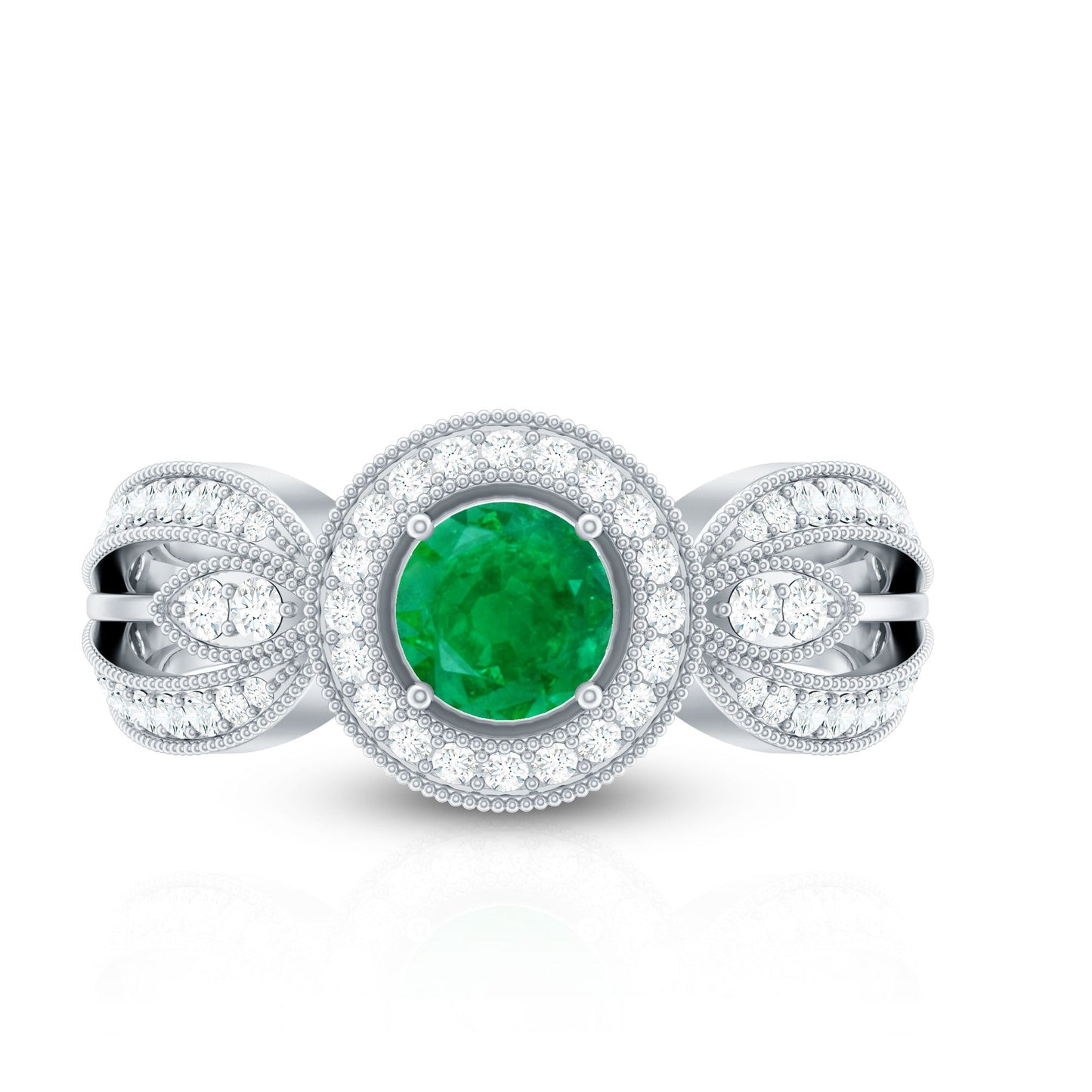 Anillo de compromiso con diamantes de esmeralda auténtica, aspecto vintage y vástago dividido