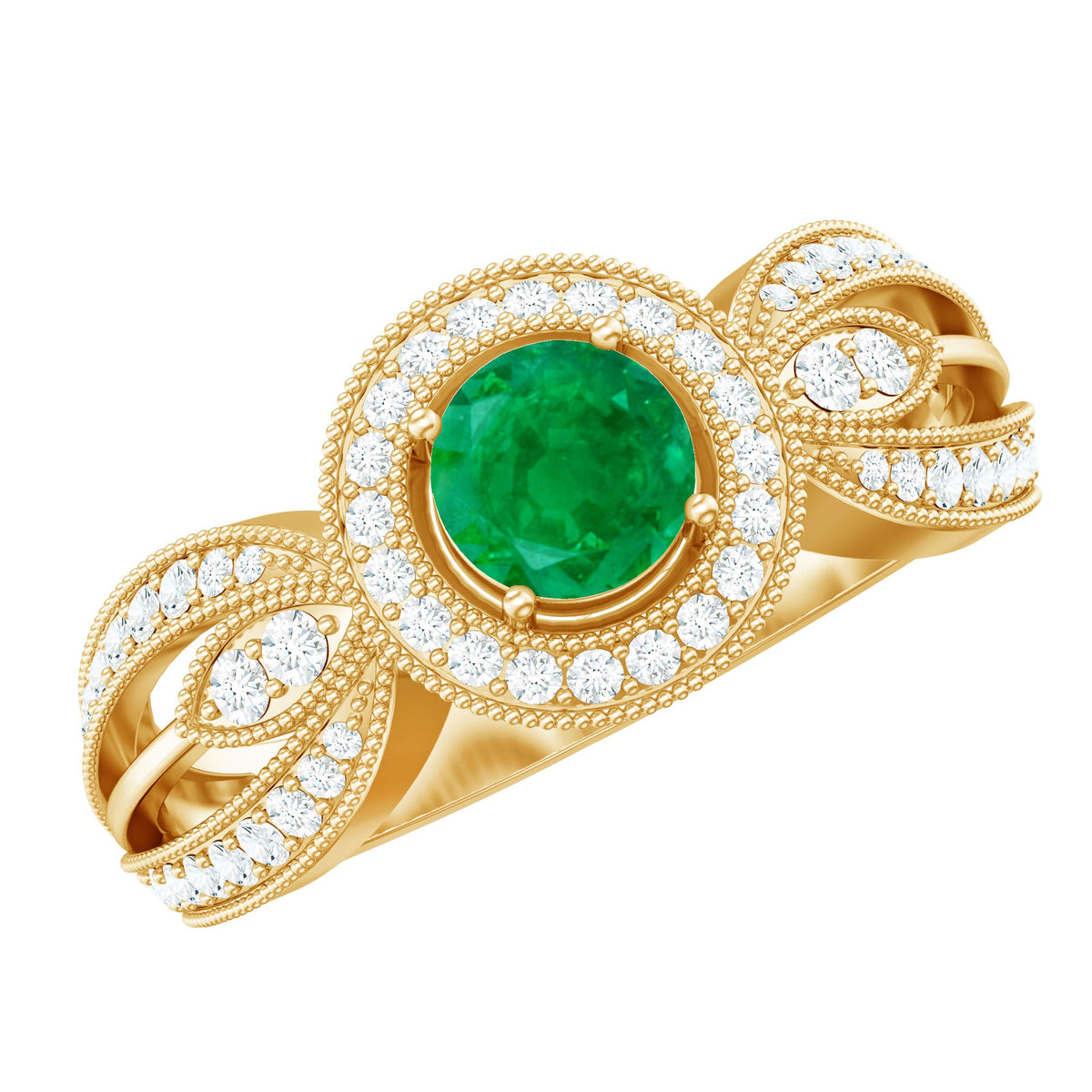 Anillo de compromiso con diamantes de esmeralda auténtica, aspecto vintage y vástago dividido
