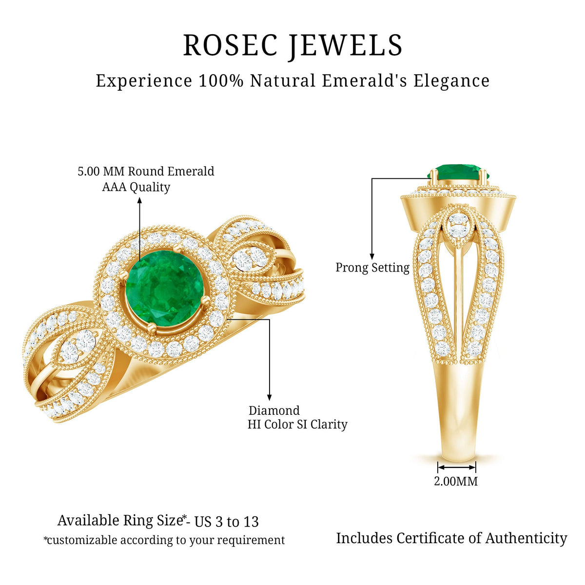 Anillo de compromiso con diamantes de esmeralda auténtica, aspecto vintage y vástago dividido