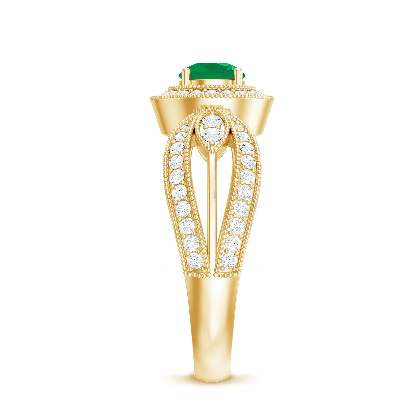 Anillo de compromiso con diamantes de esmeralda auténtica, aspecto vintage y vástago dividido