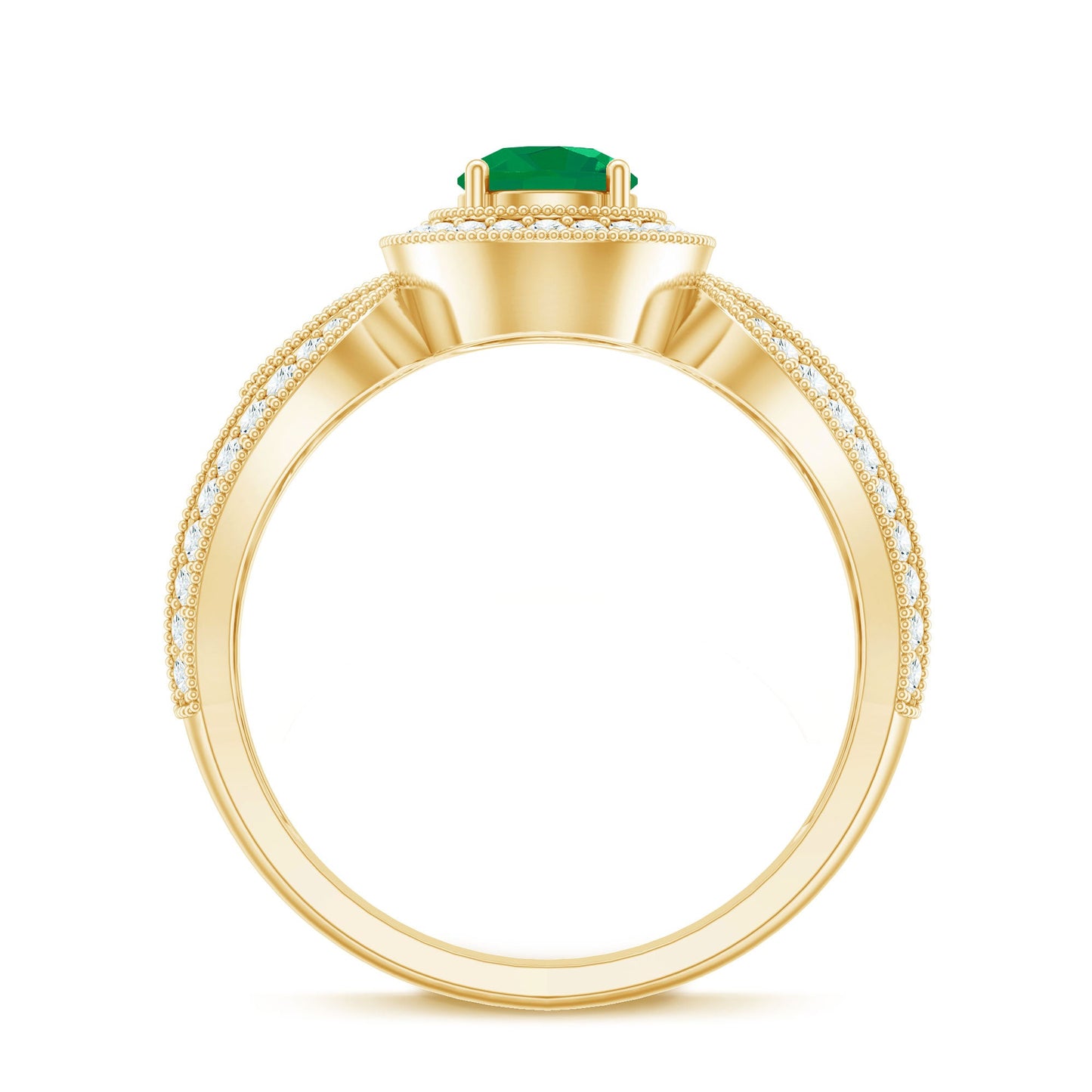 Anillo de compromiso con diamantes de esmeralda auténtica, aspecto vintage y vástago dividido