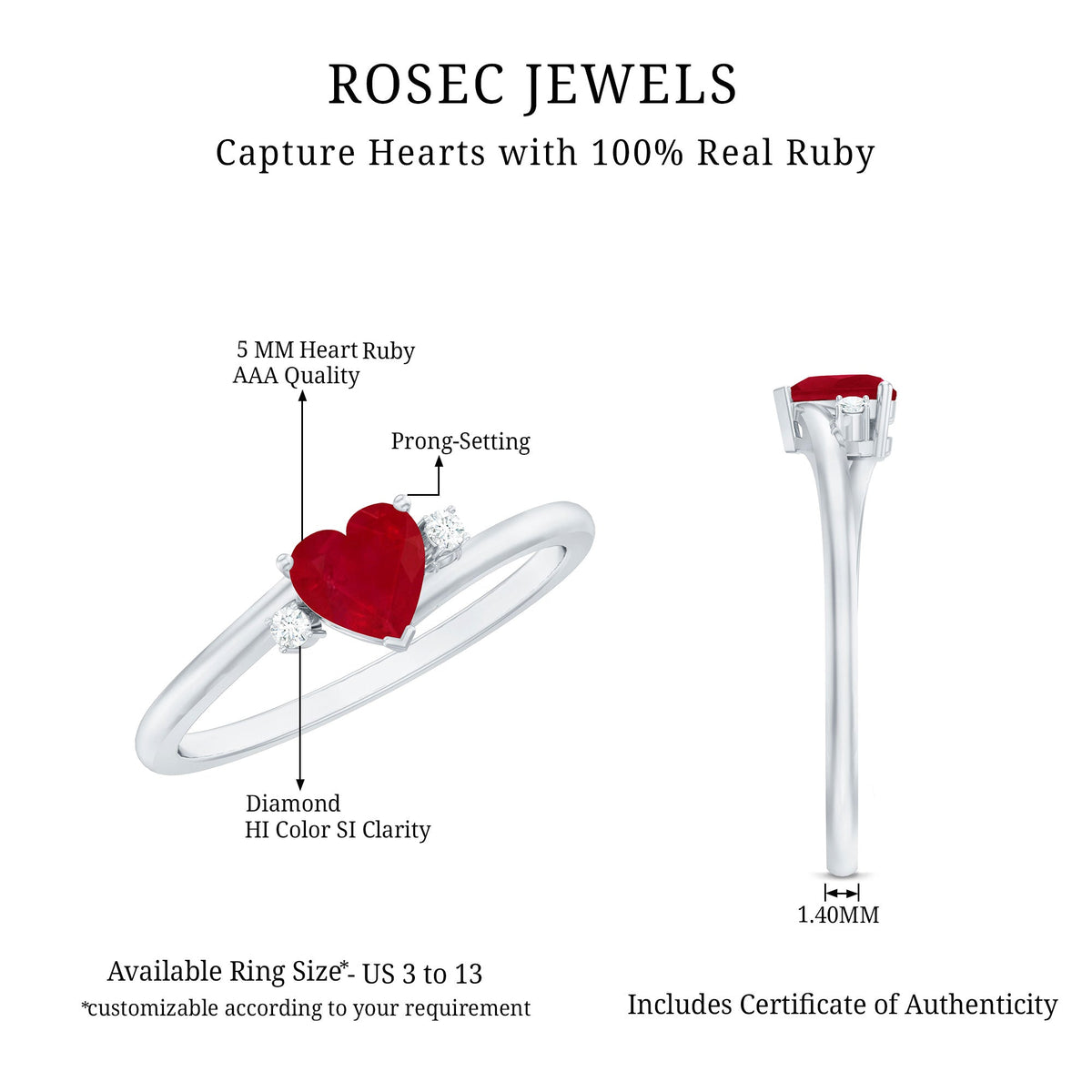 Anillo de promesa en forma de corazón con rubí de 0,6 quilates y diamante con vástago de derivación