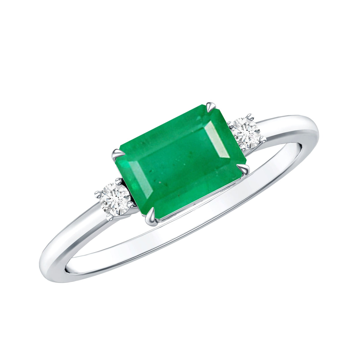 Real Emerald Cut Emerald East West Engagement Ring with Diamond