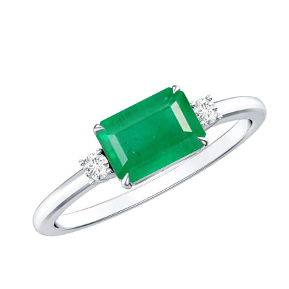 Real Emerald Cut Emerald East West Engagement Ring with Diamond