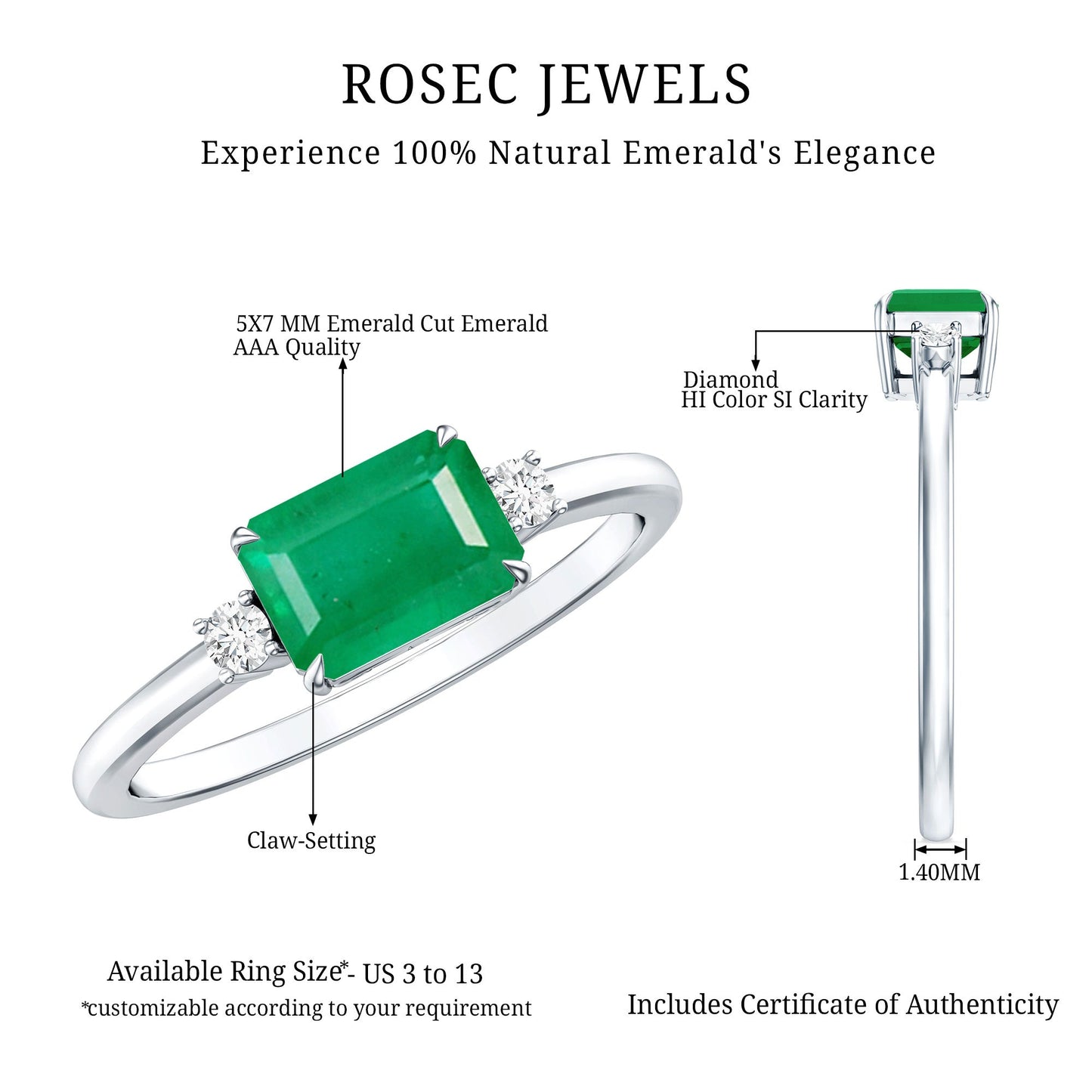 Real Emerald Cut Emerald East West Engagement Ring with Diamond