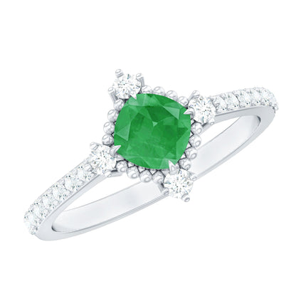 Anillo de compromiso de esmeralda de talla cojín auténtica con aspecto antiguo y diamantes