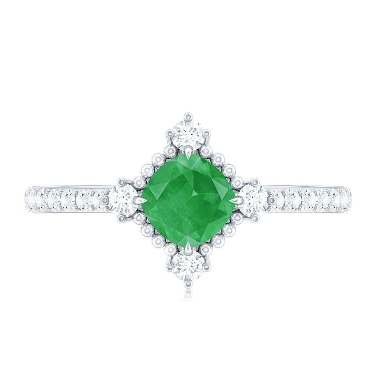Anillo de compromiso de esmeralda de talla cojín auténtica con aspecto antiguo y diamantes
